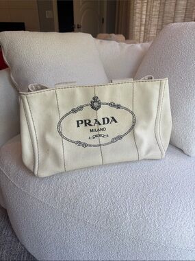 Prada Canapa Cream Canvas Tote with Black Logo